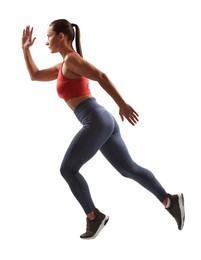 Photo of Woman in sportswear running on white background