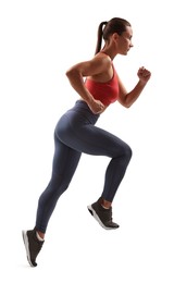 Photo of Woman in sportswear running on white background