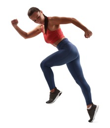 Woman in sportswear running on white background