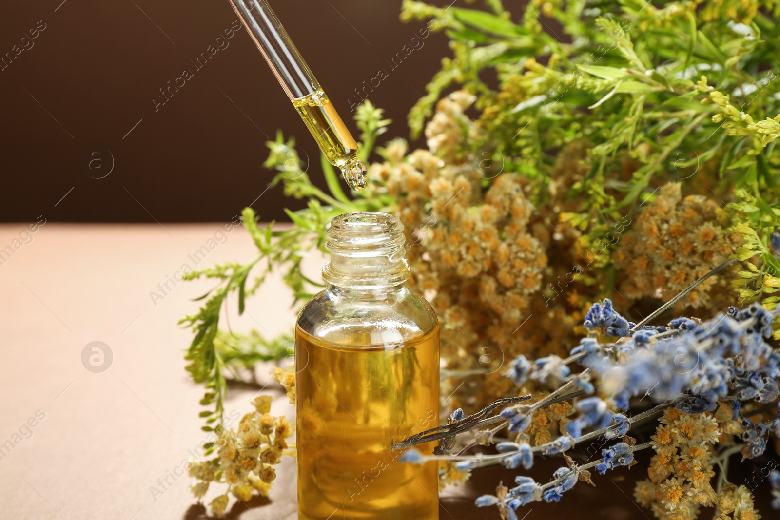 Photo of Dripping tincture from pipette into bottle and herbs on color background, closeup