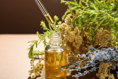 Photo of Dripping tincture from pipette into bottle and herbs on color background, closeup