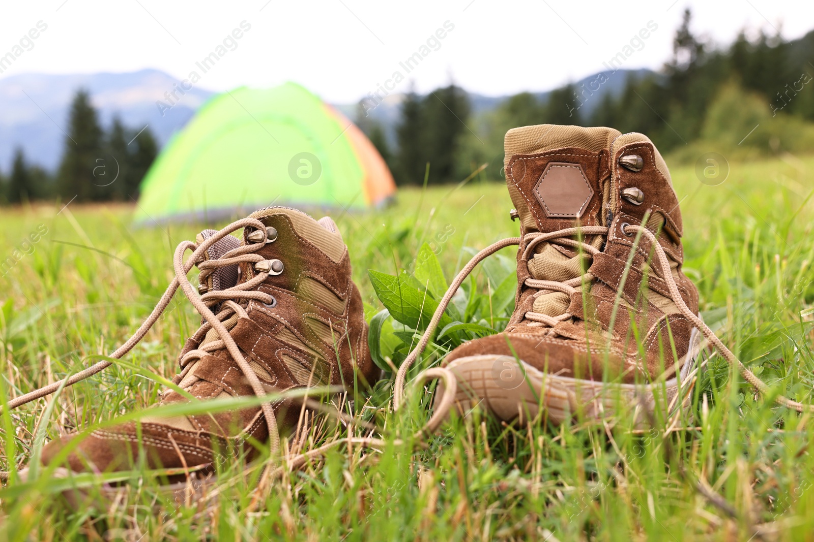 Photo of Trekking shoes and camping tent on green grass outdoors, closeup