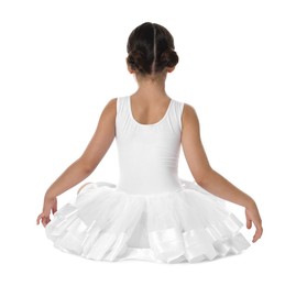 Photo of Little ballerina sitting on white background, back view