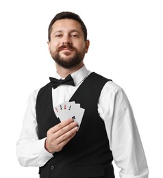 Photo of Professional croupier with playing cards on white background