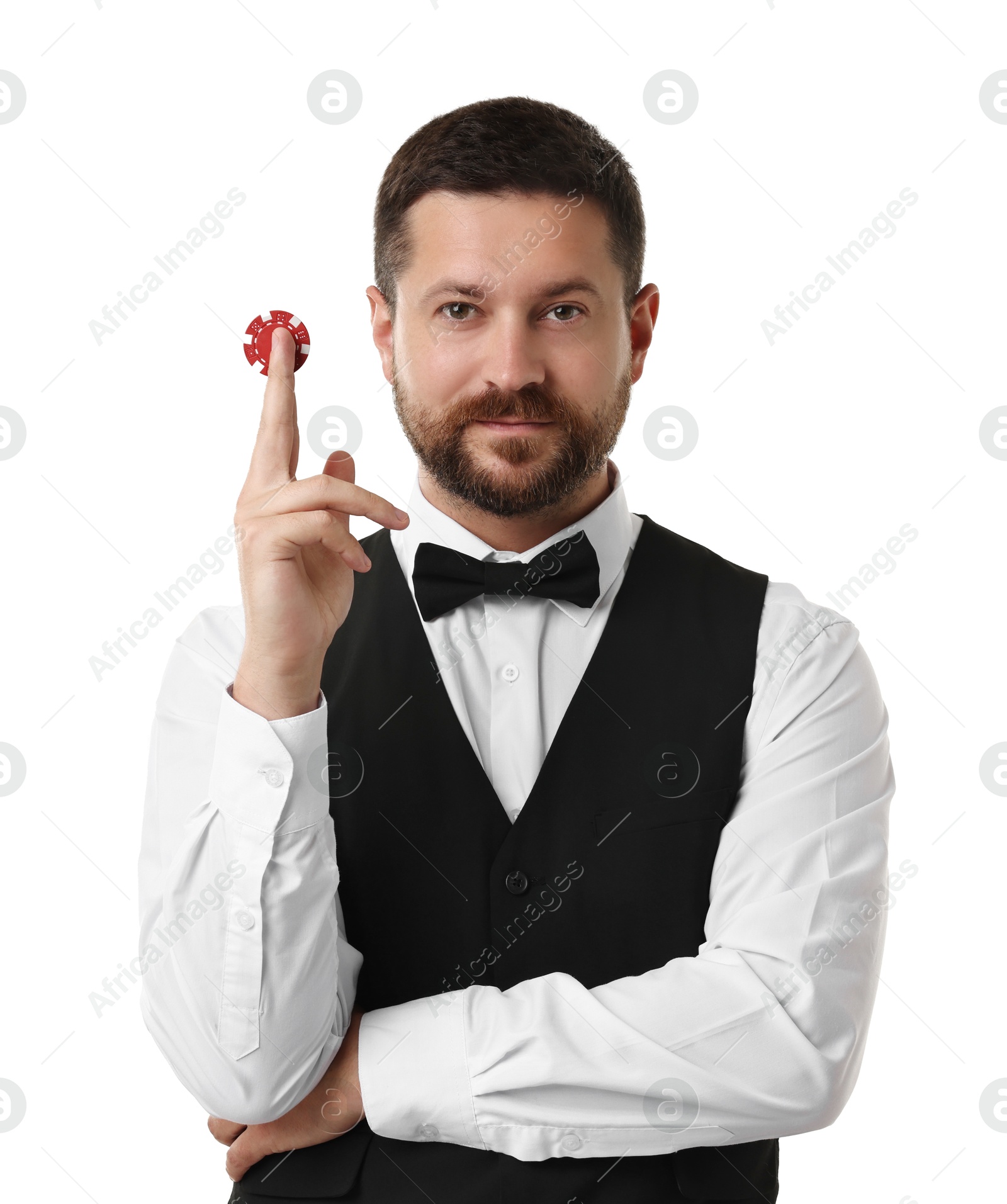 Photo of Croupier with casino chip on white background