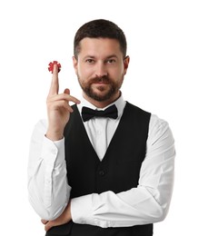 Photo of Croupier with casino chip on white background