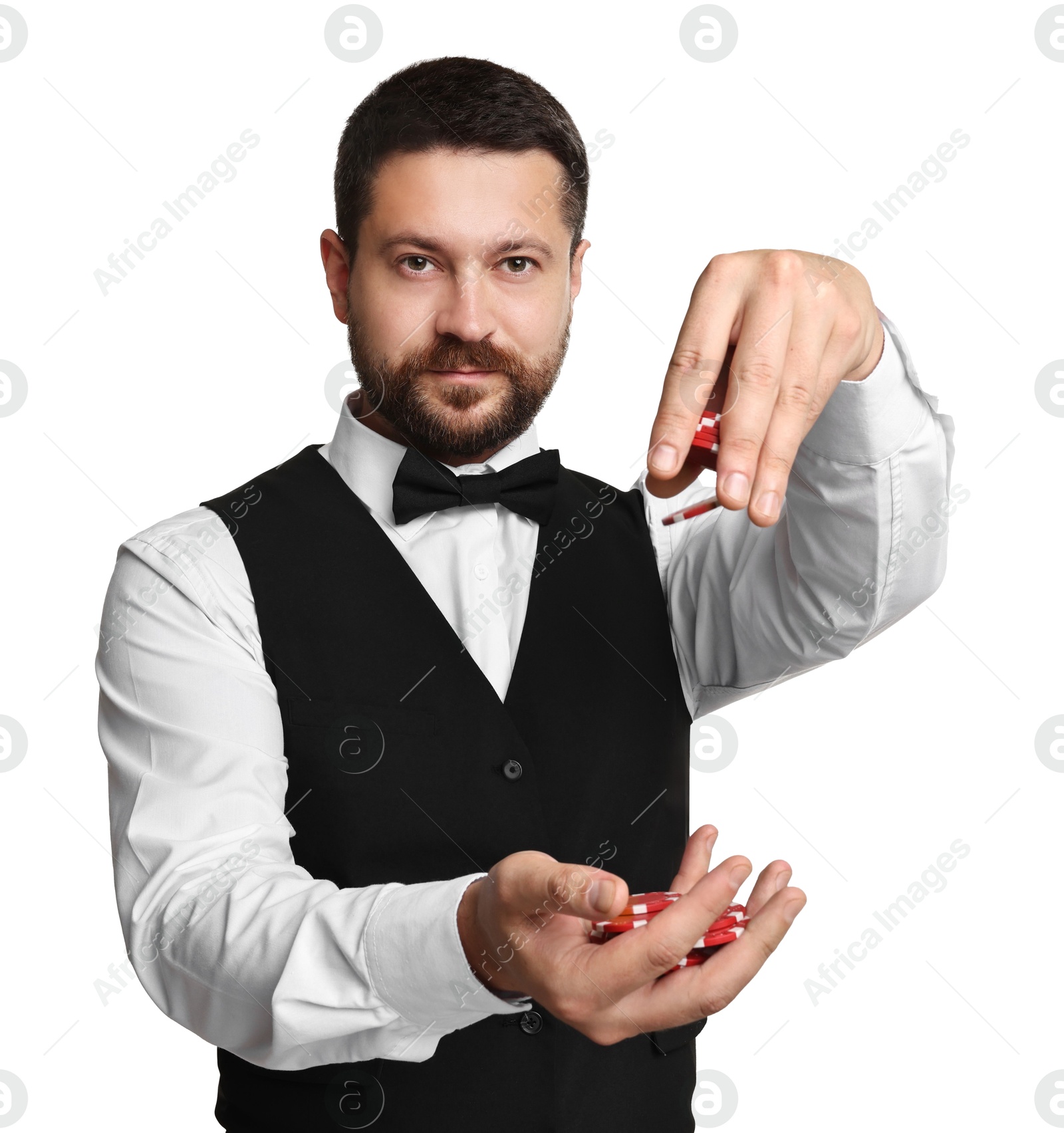 Photo of Croupier with casino chips on white background