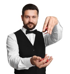 Photo of Croupier with casino chips on white background