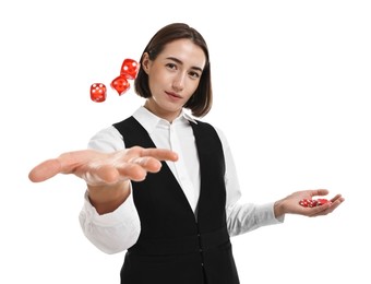 Professional croupier with dice and casino chips on white background