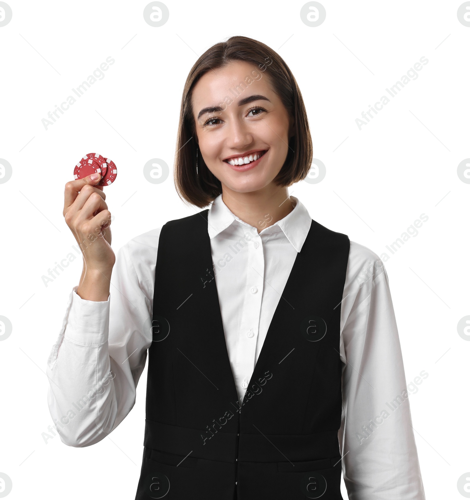 Photo of Professional croupier with casino chips on white background