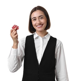 Professional croupier with casino chips on white background