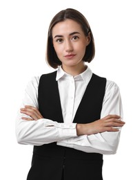 Photo of Portrait of professional croupier on white background