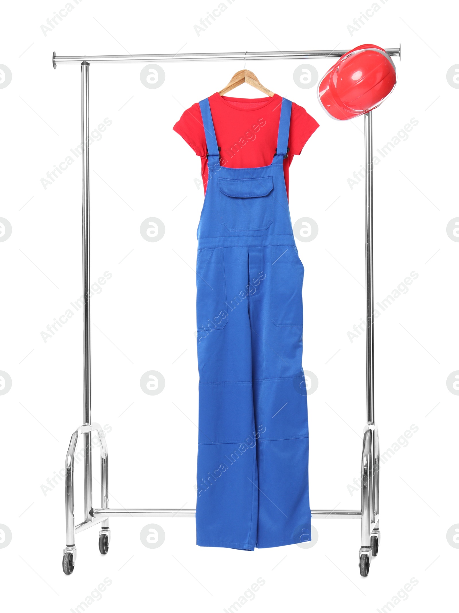 Photo of One worker's uniform on clothing rack isolated on white