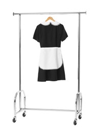 Photo of One maid's uniform on clothing rack isolated on white