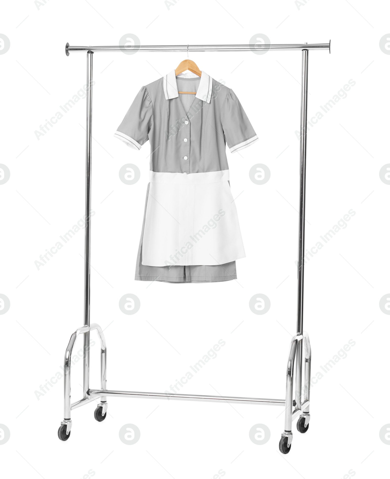 Photo of One maid's uniform on clothing rack isolated on white