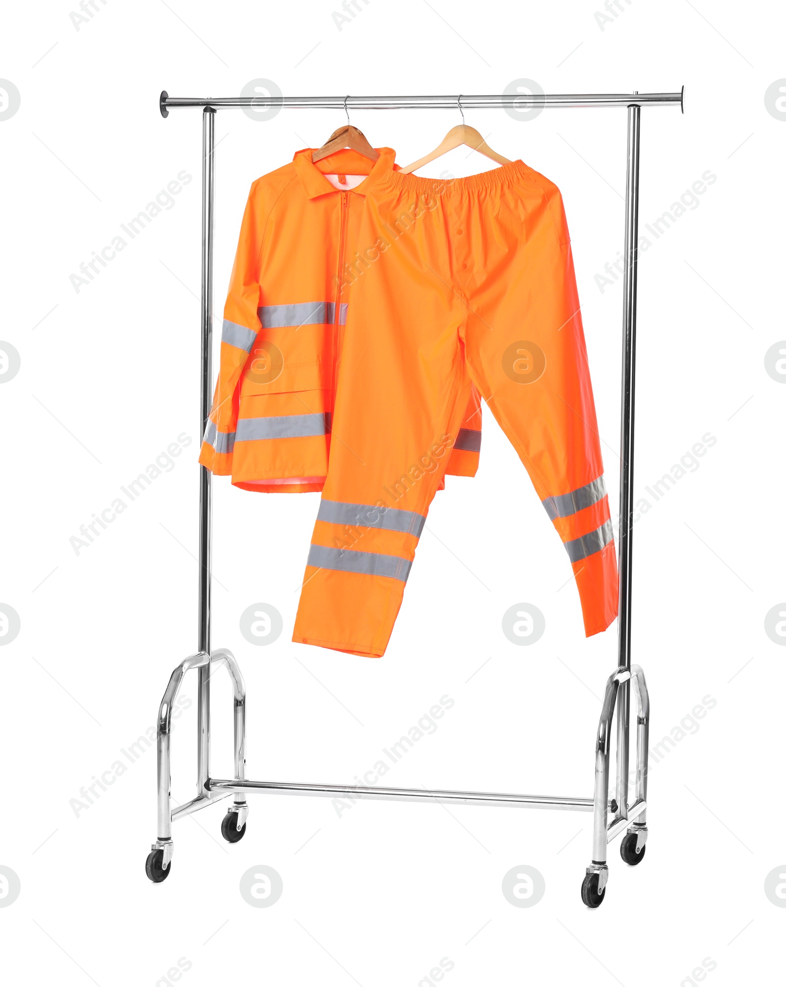 Photo of One worker's uniform on clothing rack isolated on white