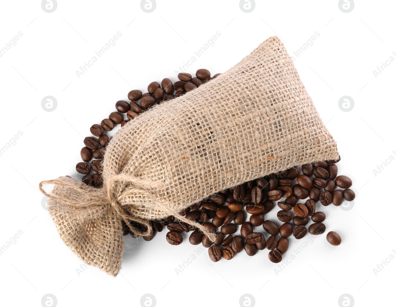 Photo of Burlap sack with coffee beans isolated on white