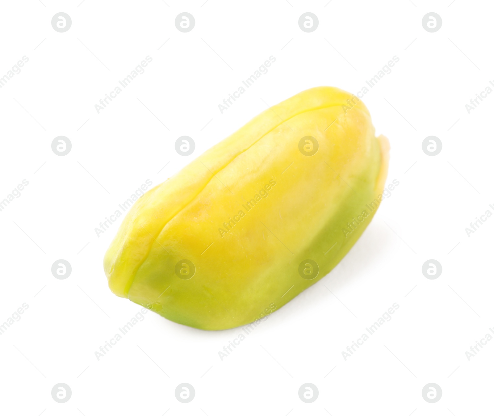 Photo of One peeled pistachio nut isolated on white