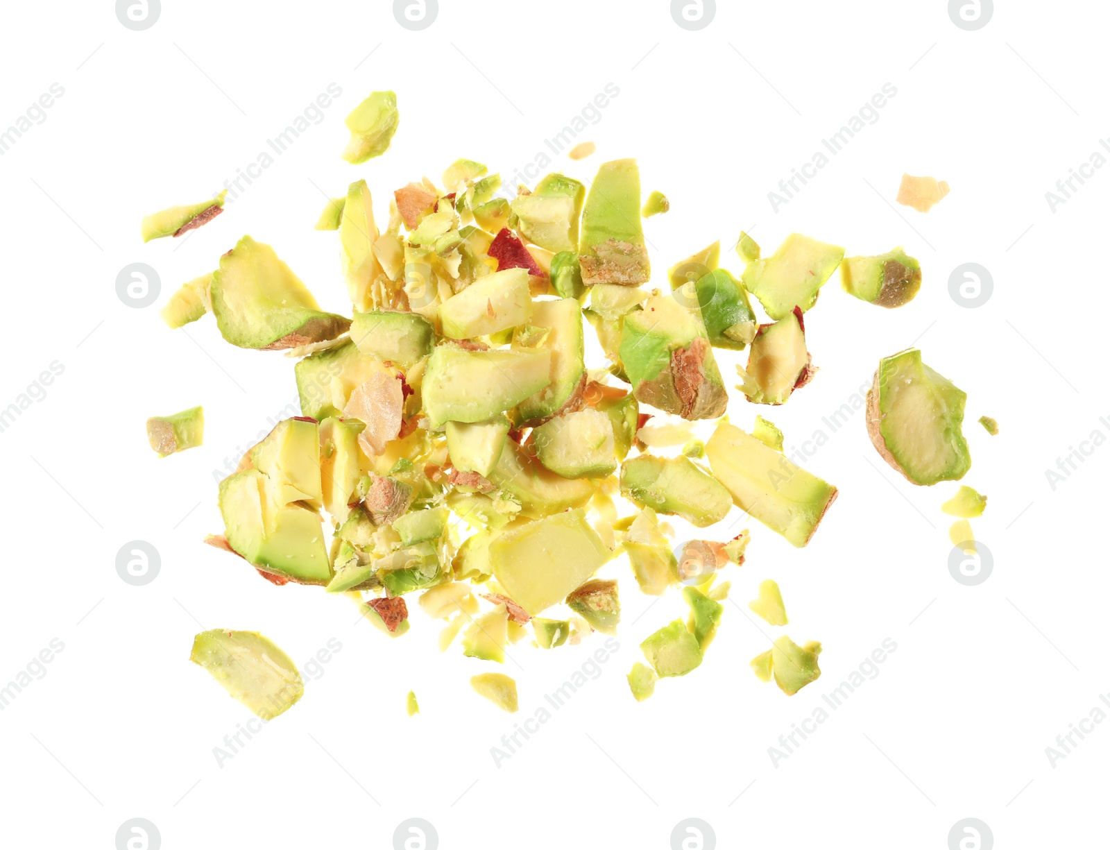 Photo of Pieces of peeled pistachio nut isolated on white