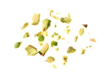 Photo of Pieces of peeled pistachio nut isolated on white