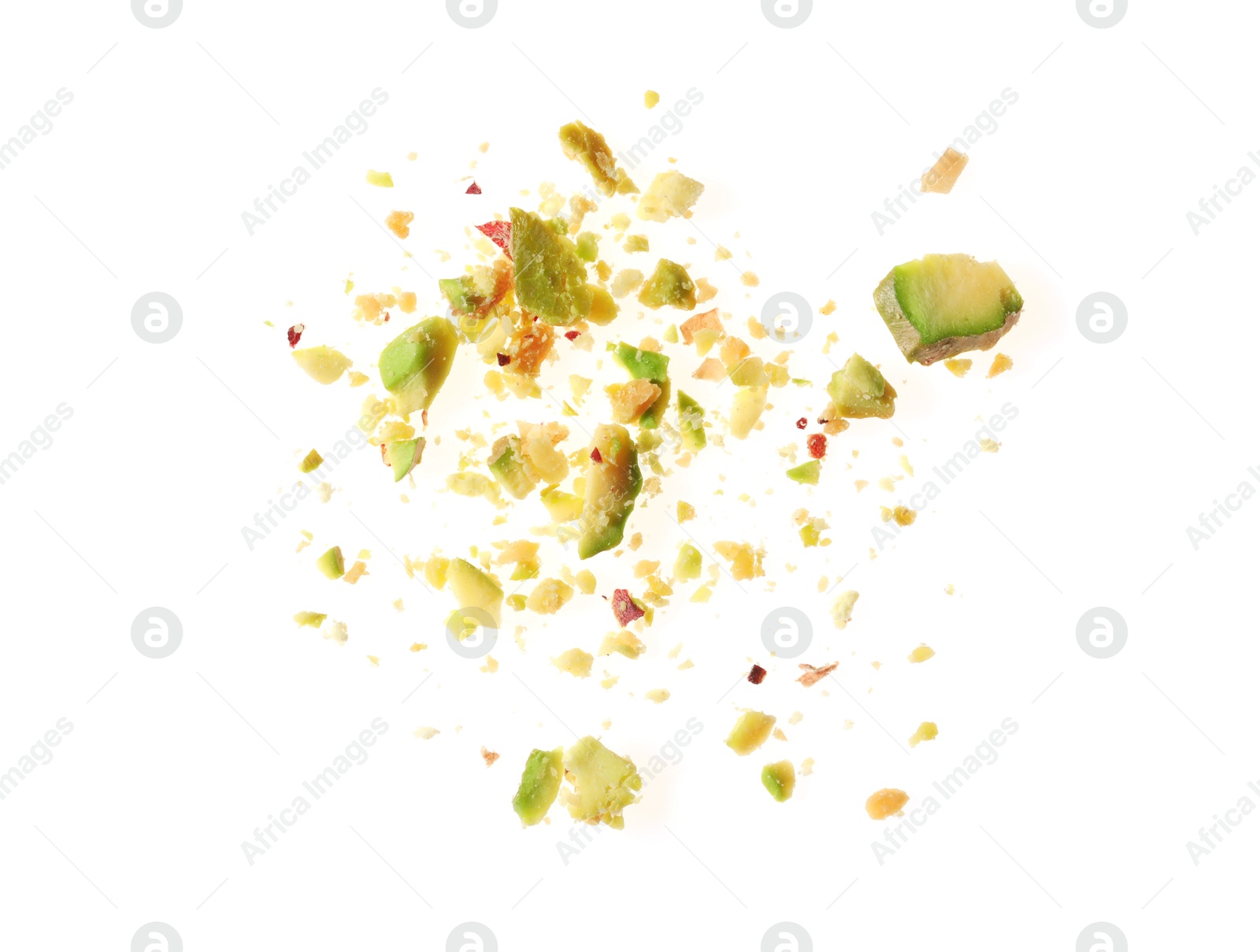 Photo of Pieces of peeled pistachio nut isolated on white