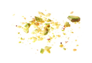 Photo of Pieces of peeled pistachio nut isolated on white