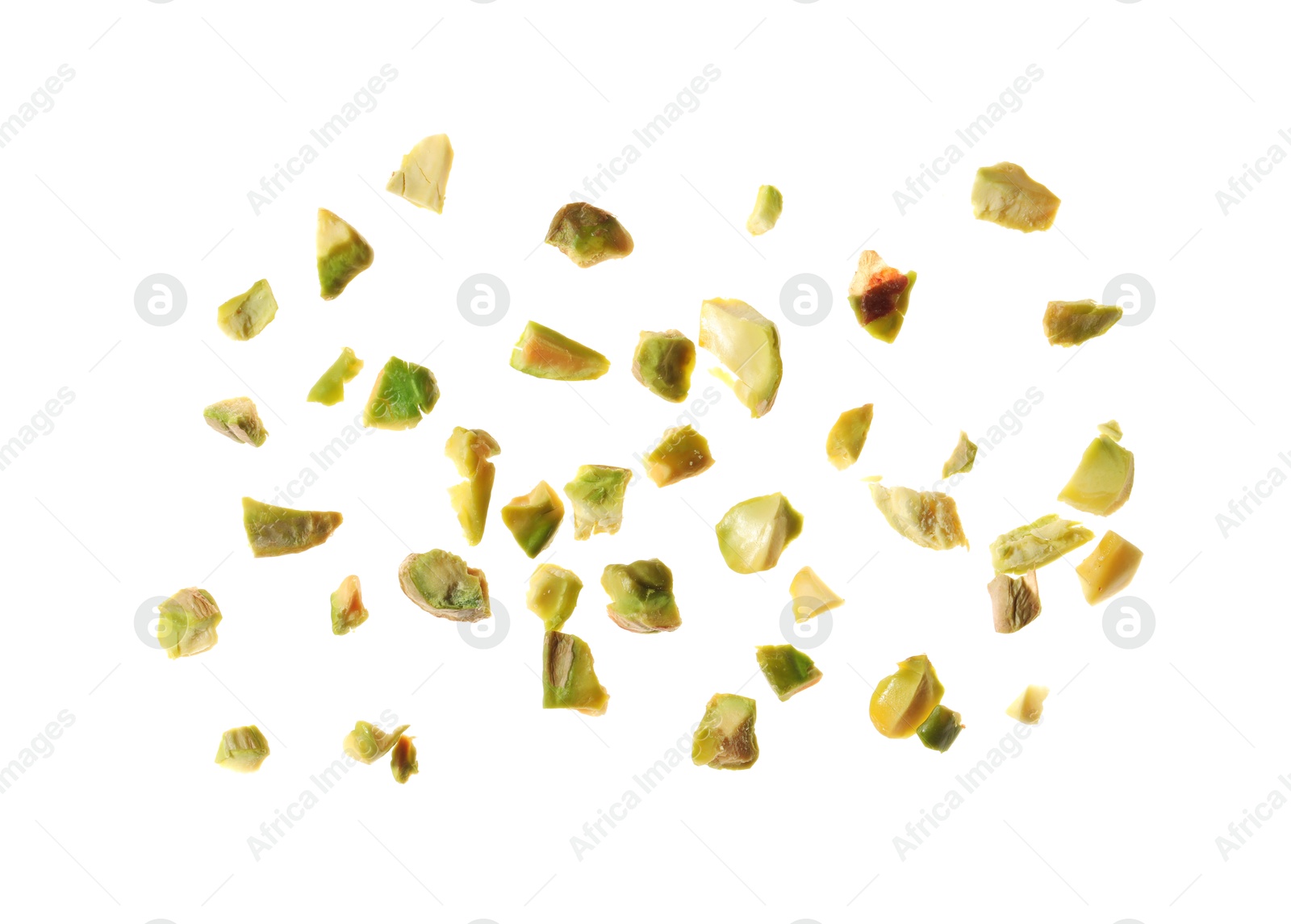 Photo of Pieces of peeled pistachio nut isolated on white