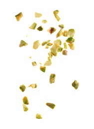 Pieces of peeled pistachio nut isolated on white