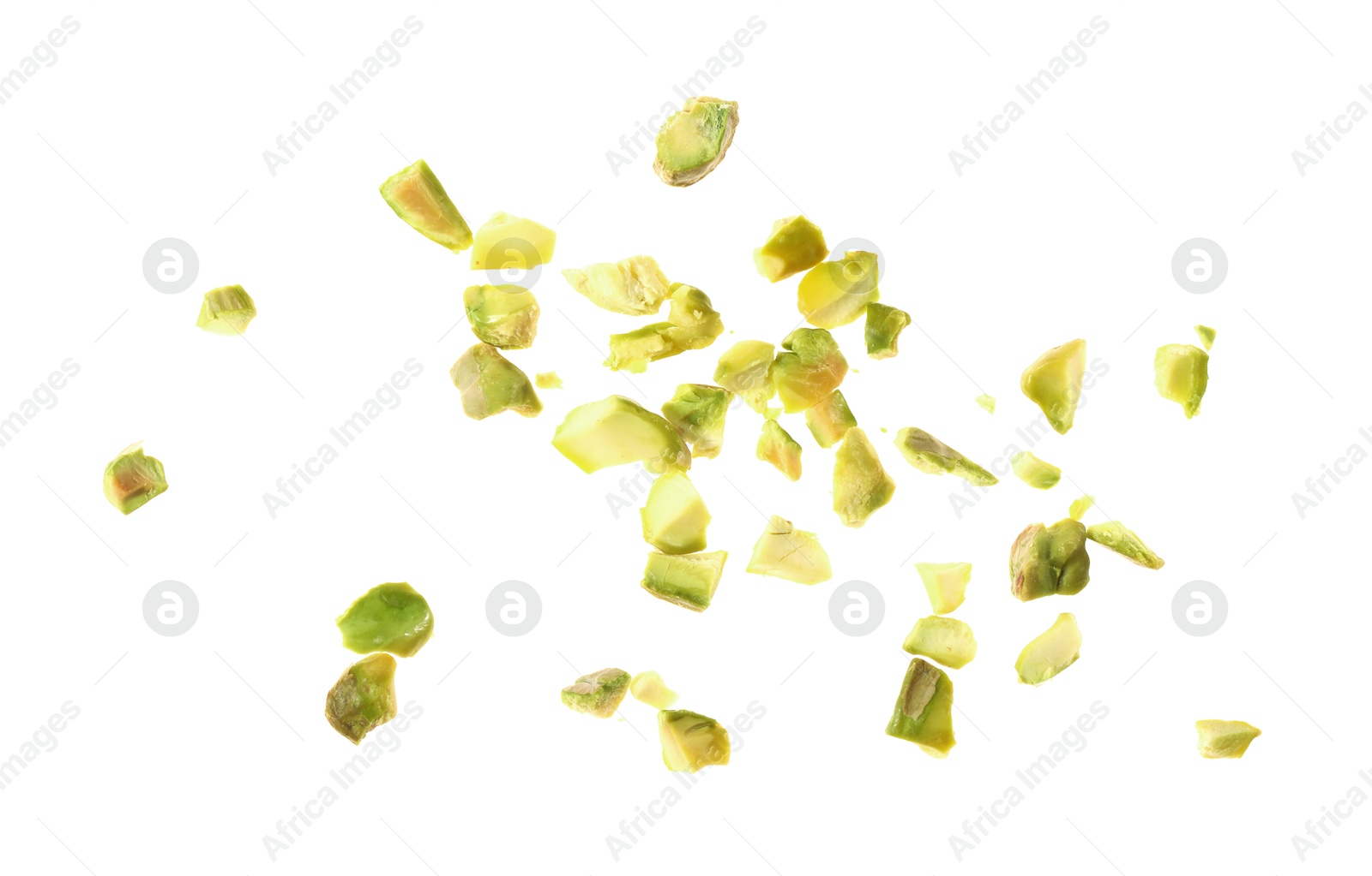 Photo of Pieces of peeled pistachio nut isolated on white