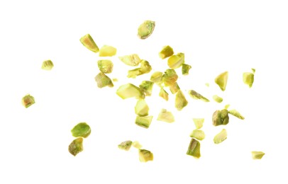 Pieces of peeled pistachio nut isolated on white