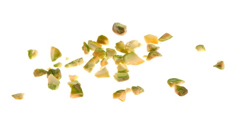 Photo of Pieces of peeled pistachio nut isolated on white