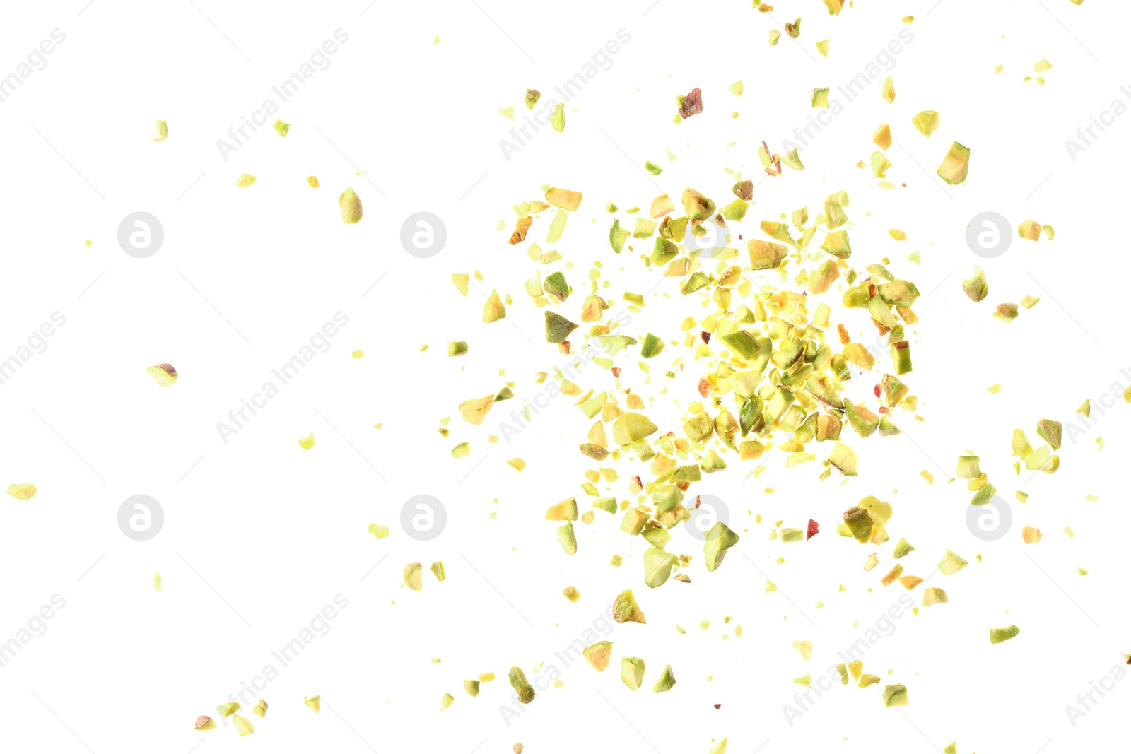 Photo of Pieces of peeled pistachio nut isolated on white