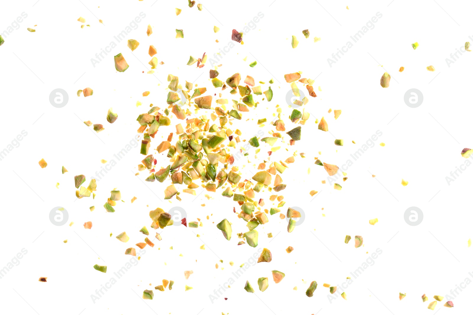 Photo of Pieces of peeled pistachio nut isolated on white