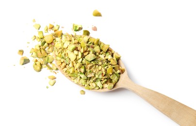 Photo of Pieces of peeled pistachio nut in wooden spoon isolated on white