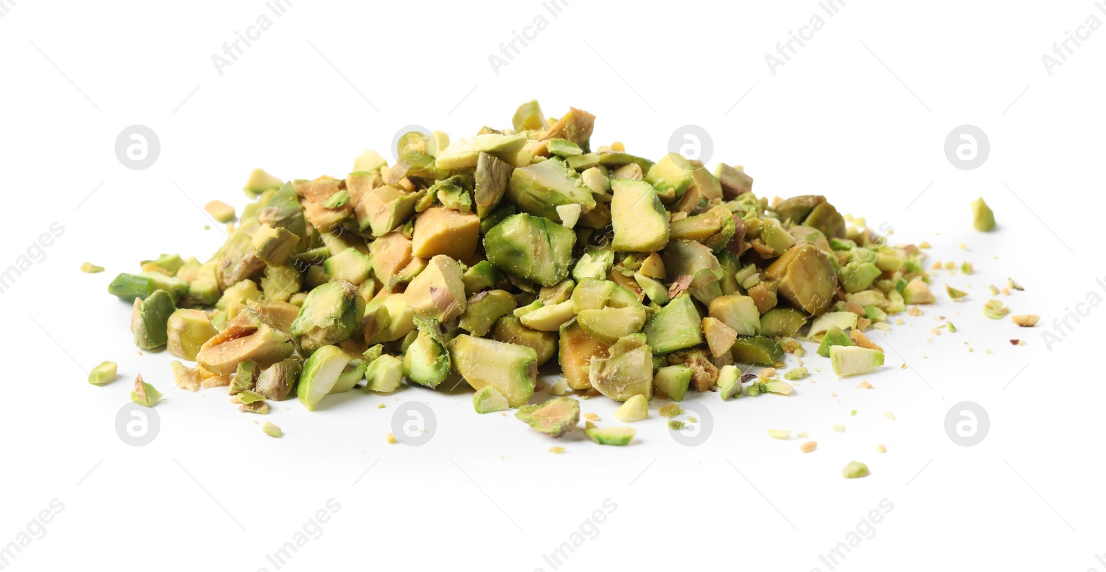 Photo of Pieces of peeled pistachio nut isolated on white