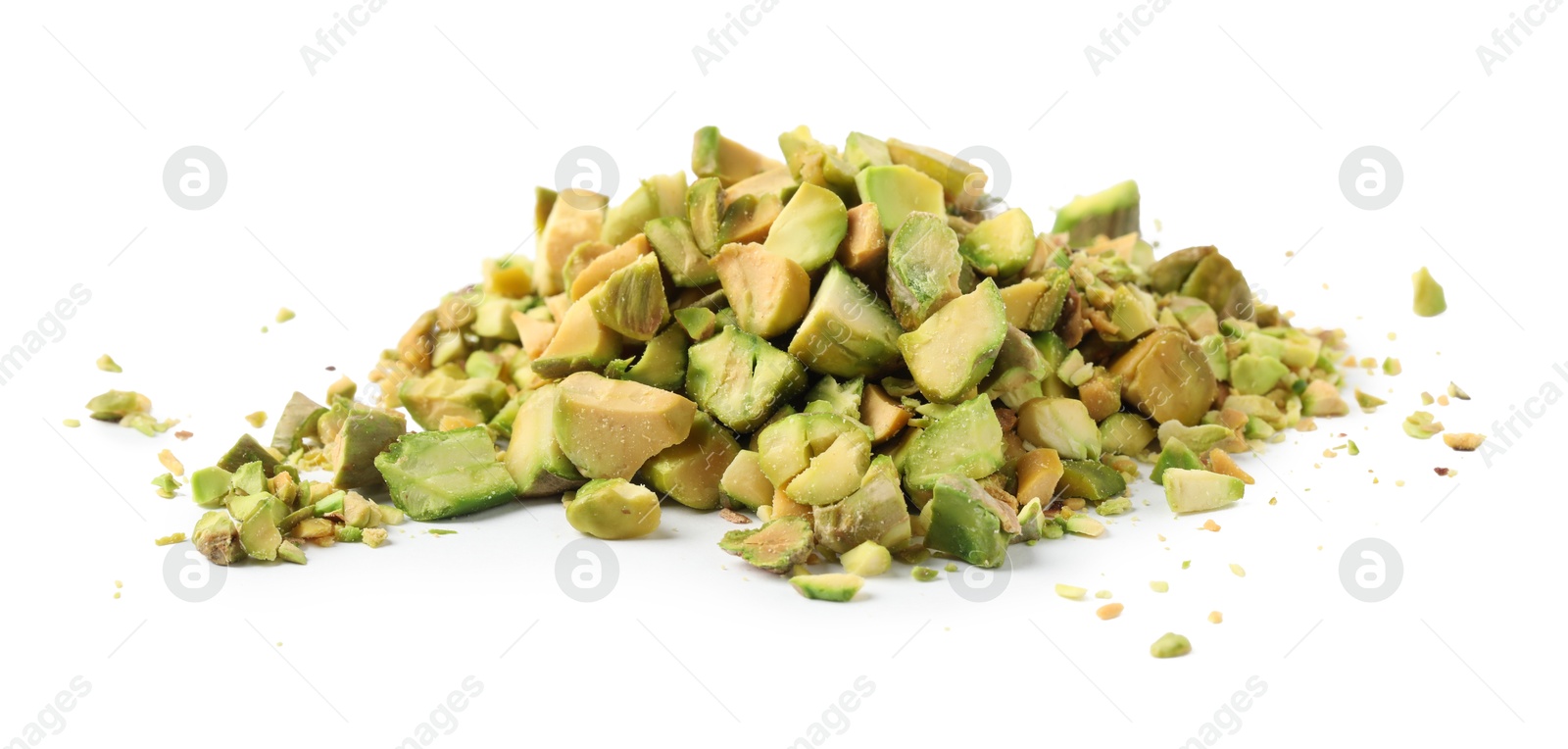 Photo of Pieces of peeled pistachio nut isolated on white