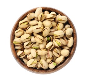 Photo of Tasty pistachio nuts in bowl isolated on white, top view