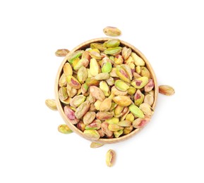 Photo of Peeled pistachio nuts in bowl isolated on white, top view