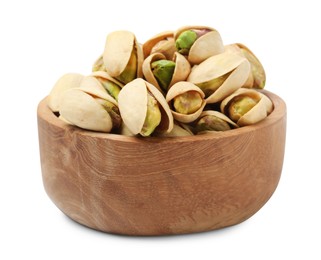 Photo of Tasty pistachio nuts in bowl isolated on white