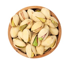 Photo of Tasty pistachio nuts in bowl isolated on white, top view