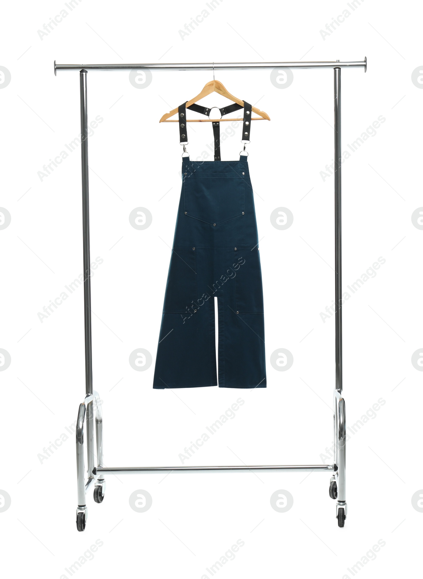 Photo of One apron on clothing rack isolated on white