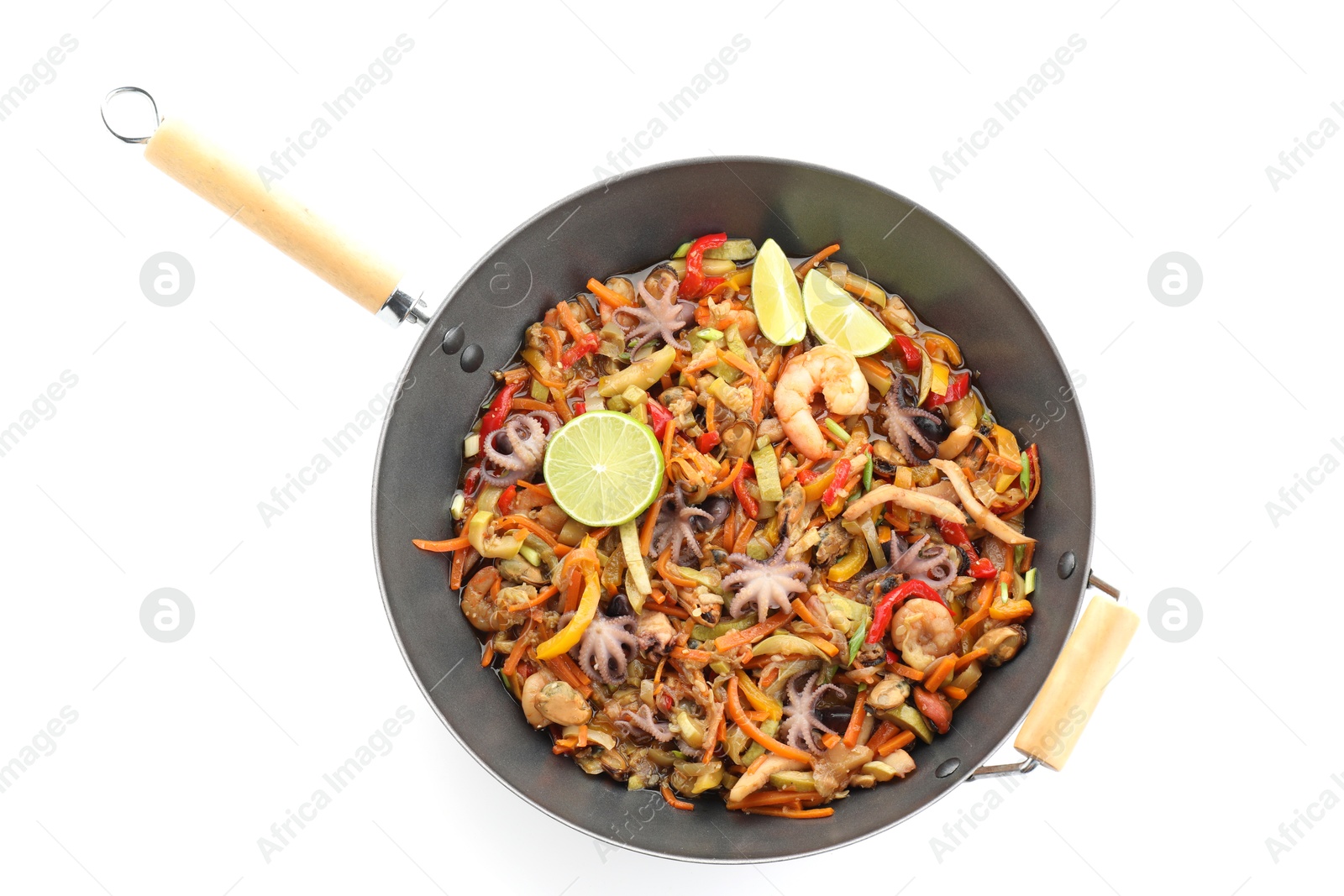 Photo of Stir-fry sea food in wok isolated on white, top view