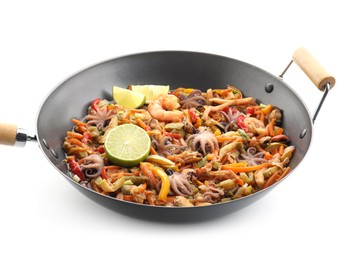 Photo of Stir-fry sea food in wok isolated on white