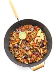 Photo of Stir-fry sea food in wok isolated on white, top view