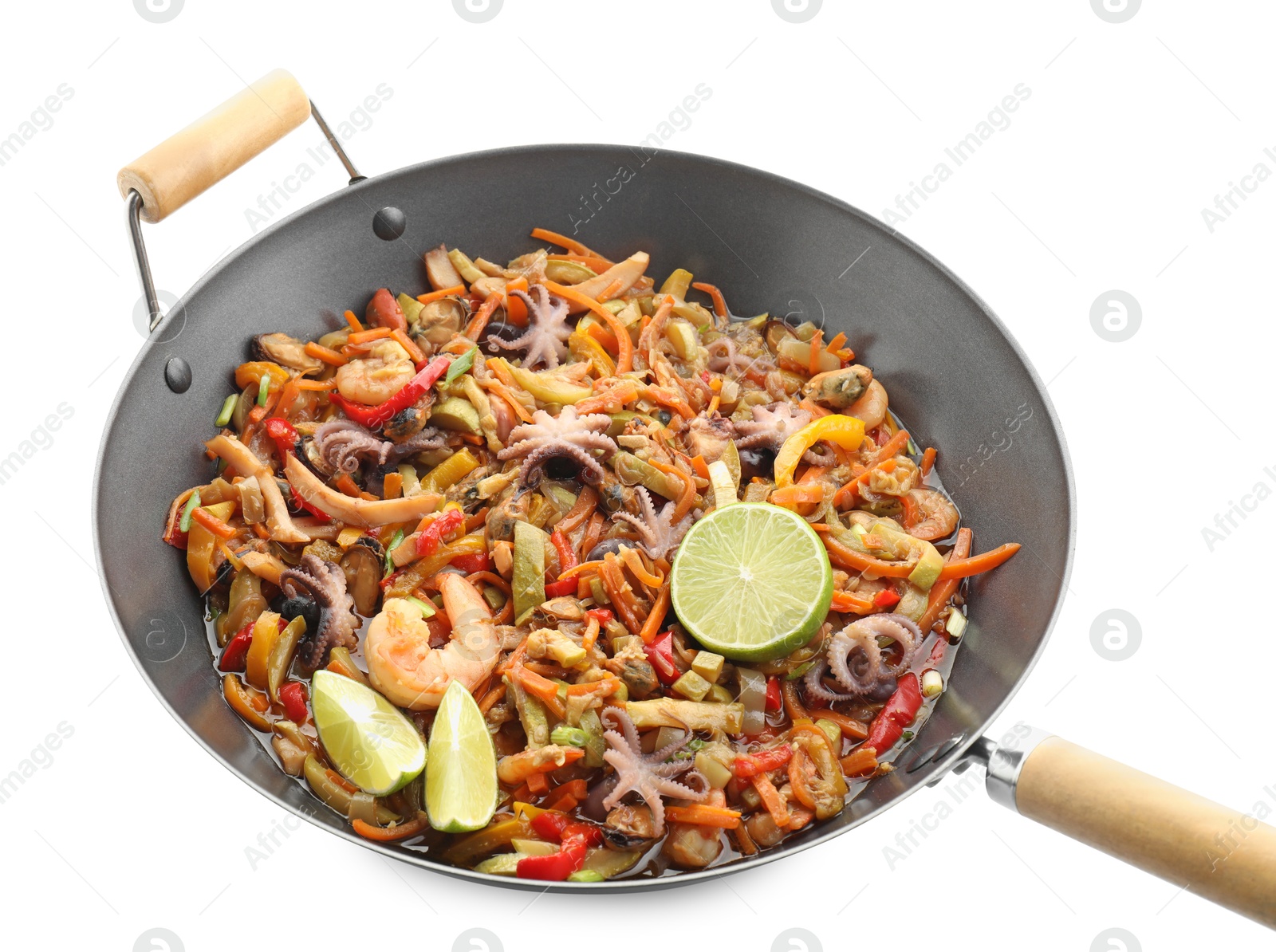 Photo of Stir-fry sea food in wok isolated on white