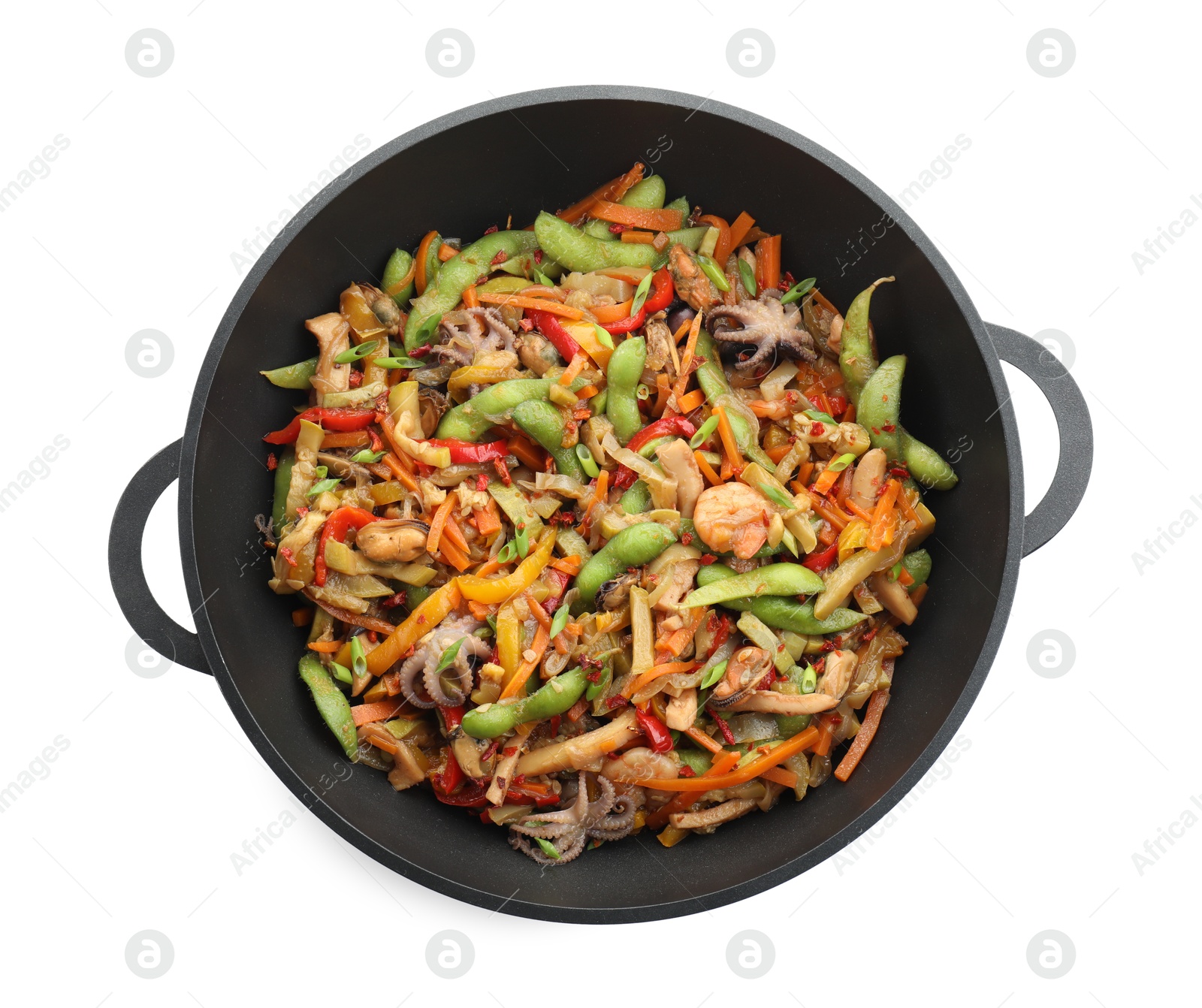 Photo of Stir-fry sea food in wok isolated on white, top view