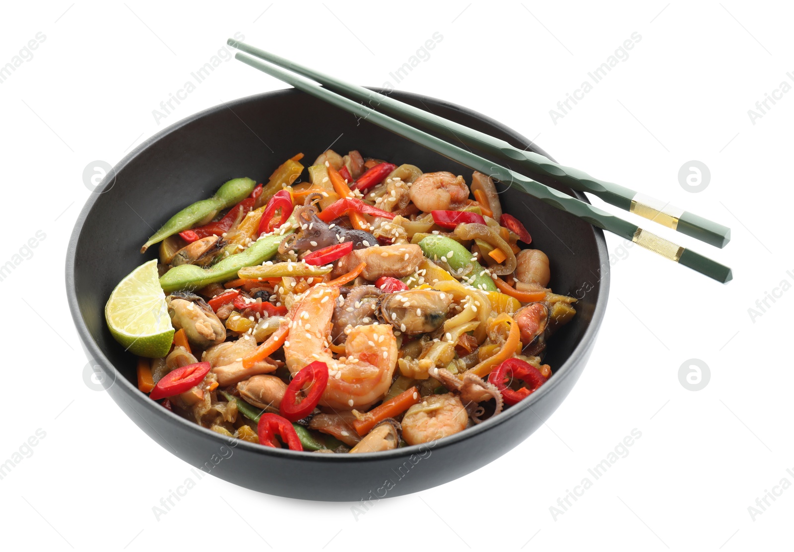 Photo of Stir-fry sea food in bowl and chopsticks isolated on white