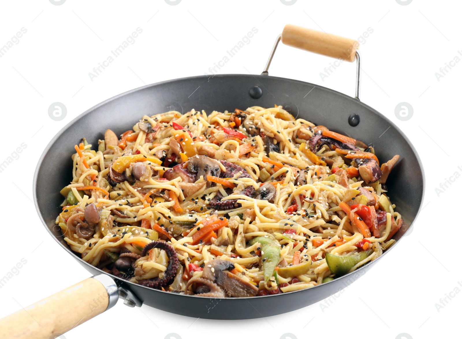 Photo of Stir-fry noodles with sea food and vegetables in wok isolated on white