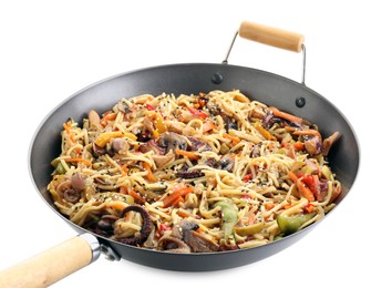 Photo of Stir-fry noodles with sea food and vegetables in wok isolated on white