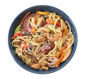 Photo of Stir-fry noodles with sea food and vegetables in bowl isolated on white, top view